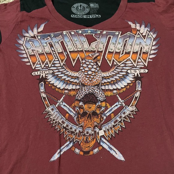 Affliction American Metal Graphic T Shirt Eagle Skull Sword Rhinestone - Picture 2 of 4